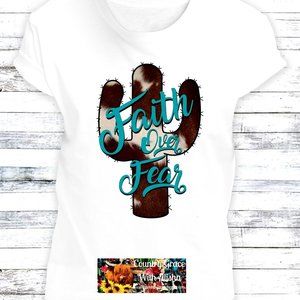 Faith Over Fear Cow Print Cactus White Short Sleeve T-Shirt